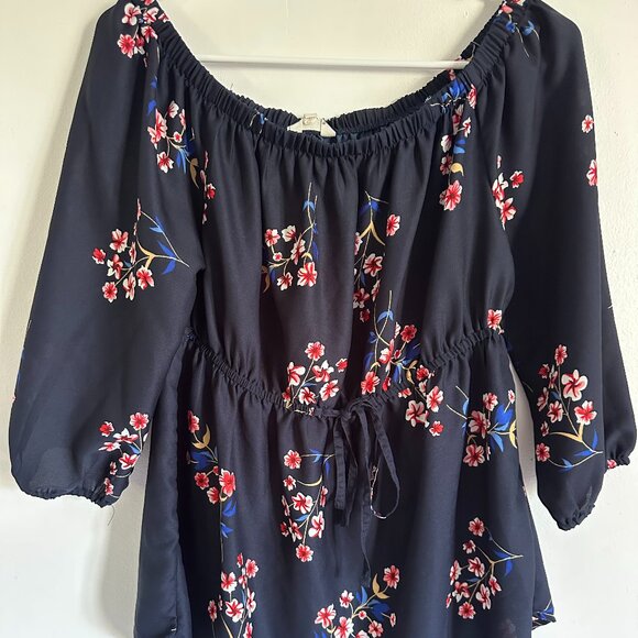 Of the shoulder dark floral stretch waist blouse size medium girly flowy - Picture 5 of 7